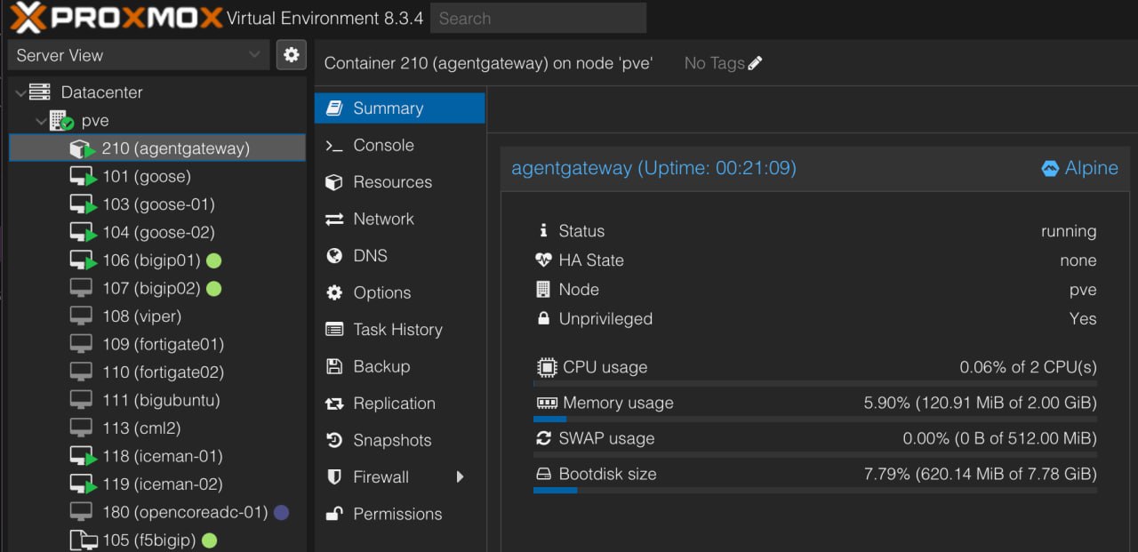 Proxmox LXC Container 210 (agentgateway)