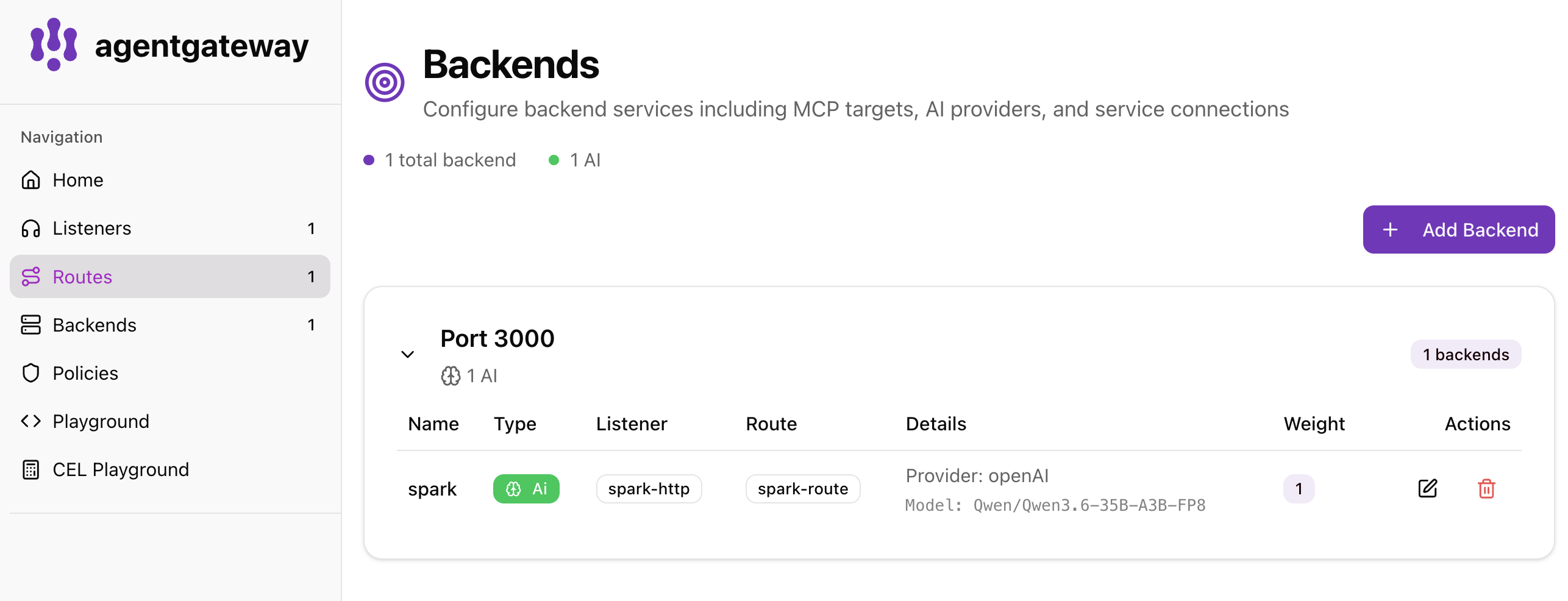 agentgateway Backends showing the spark AI backend using the Qwen model