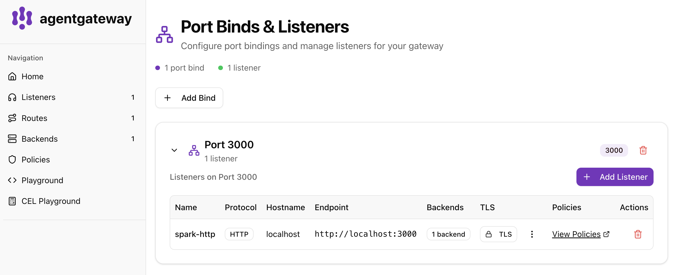 agentgateway Port Binds & Listeners showing the spark-http HTTP listener on port 3000