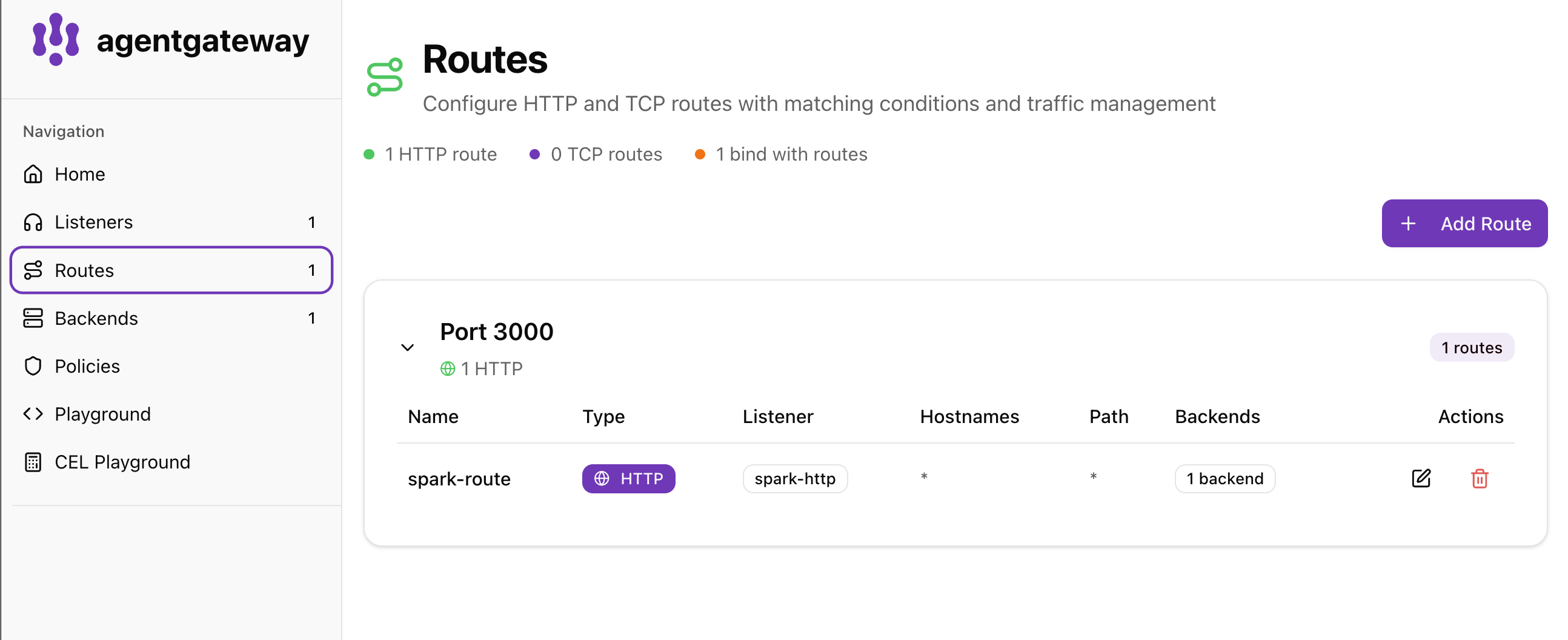 agentgateway Routes showing spark-route on the spark-http listener