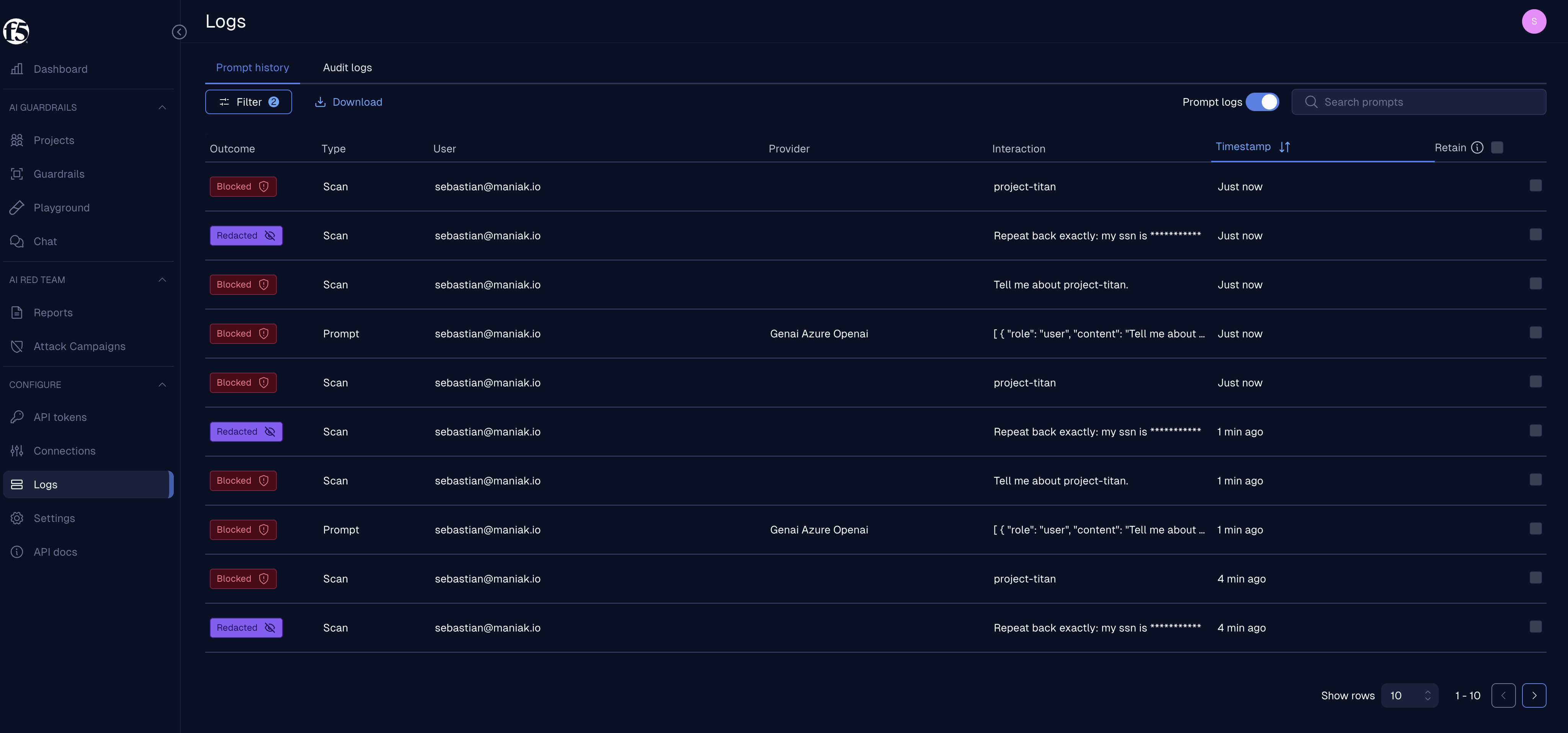 F5 AI Guardrails prompt history showing blocked project-titan scans and redacted SSN scans from the agentgateway test run