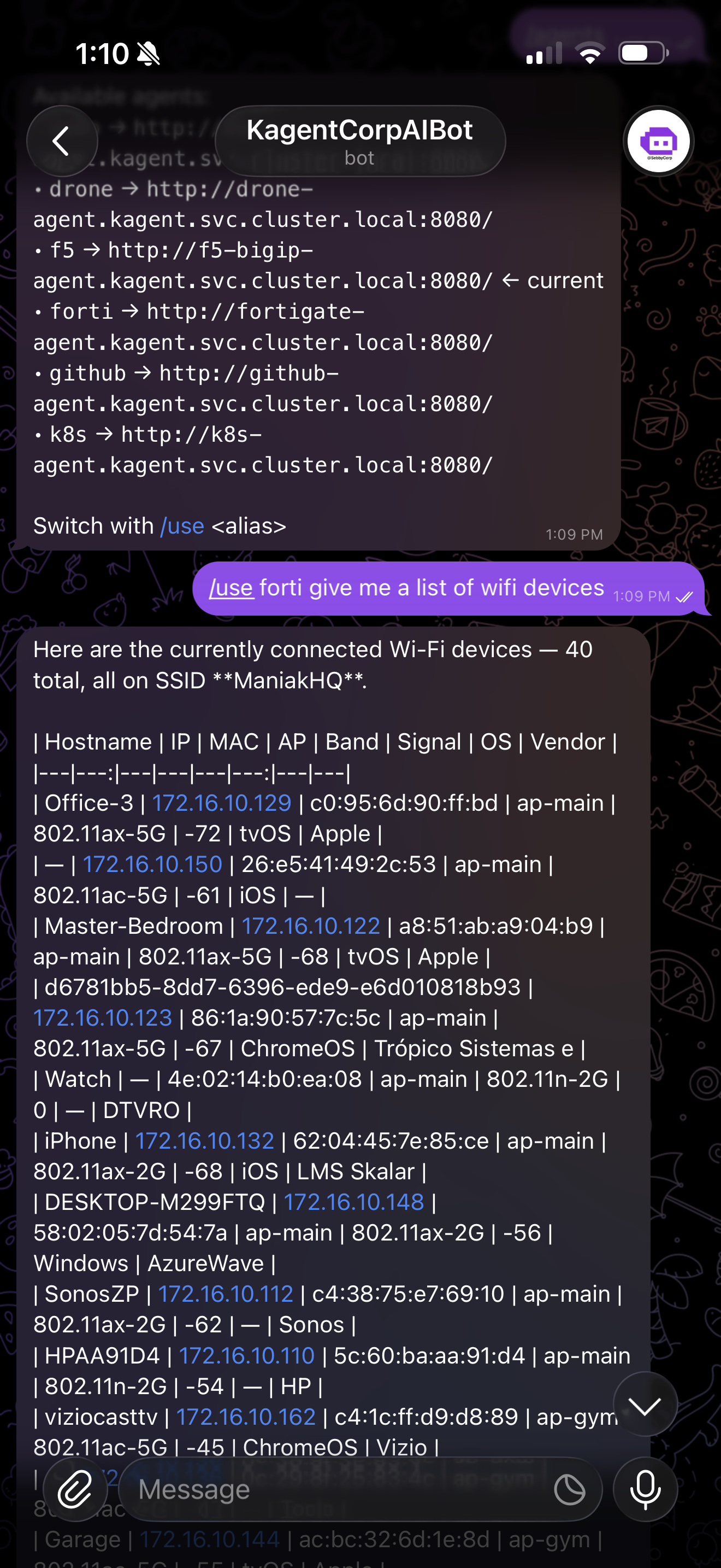 Telegram: after '/use forti give me a list of wifi devices', the FortiGate agent replies '40 total, all on SSID ManiakHQ' followed by a markdown table of devices — Office-3 Apple tvOS, an iPhone, Master-Bedroom Apple TV, a Sonos, an HP printer, a Vizio cast TV — each with IP, MAC, access point, 802.11 band, signal, OS, and vendor.