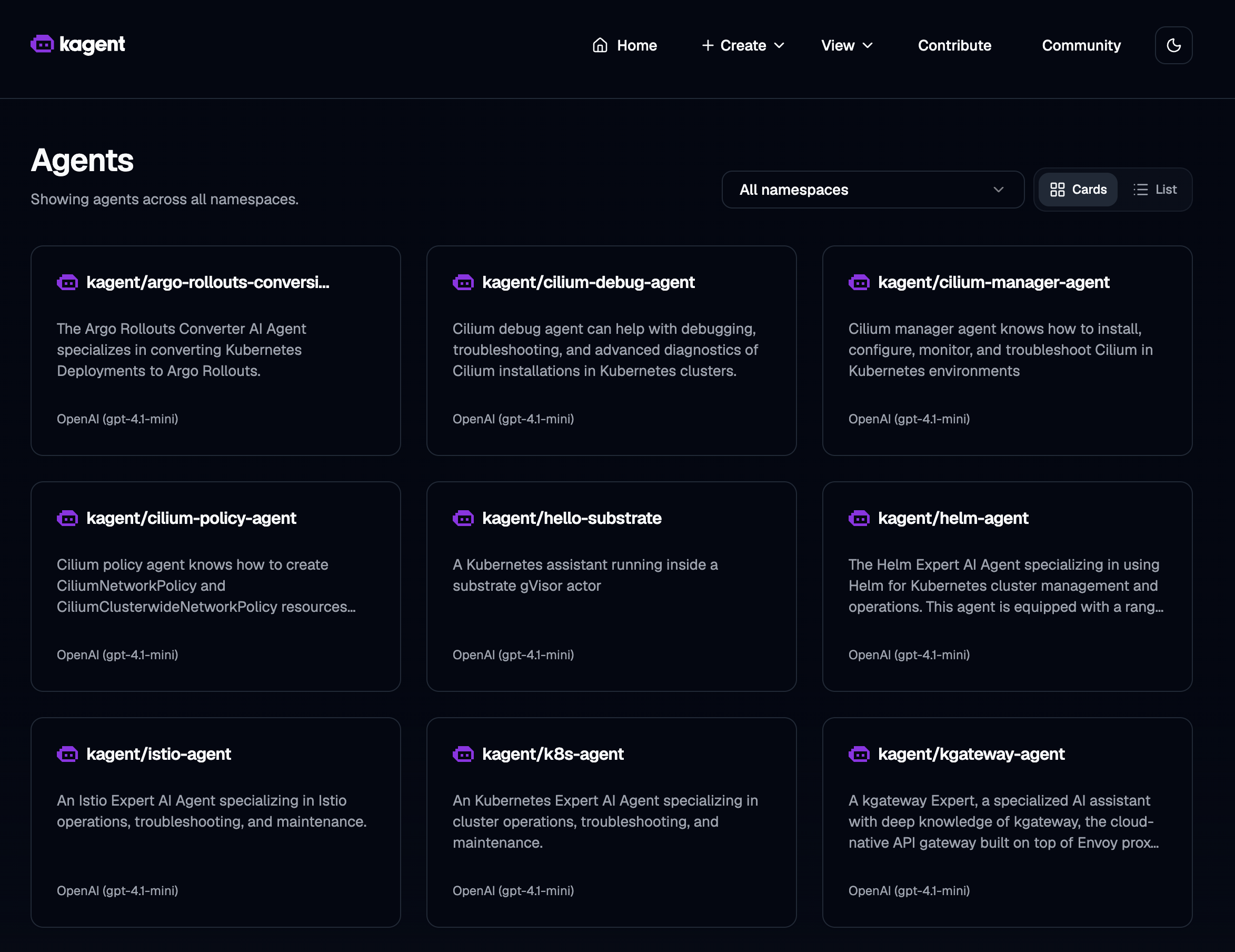 kagent OSS UI, Agents view in card layout showing agents across all namespaces — kagent/hello-substrate ('A Kubernetes assistant running inside a substrate gVisor actor') alongside argo-rollouts-conversion, cilium-debug, cilium-manager, cilium-policy, helm, istio, k8s, and kgateway agents, each backed by OpenAI (gpt-4.1-mini).