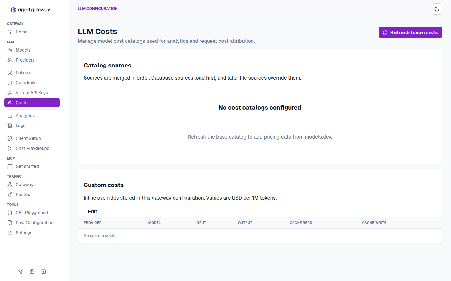 agentgateway LLM Costs page: Catalog sources says sources are merged in order, database sources load first and later file sources override them, with ‘No cost catalogs configured’ and a prompt to refresh the base catalog from models.dev; Custom costs section says inline overrides are USD per 1M tokens and lists no custom costs