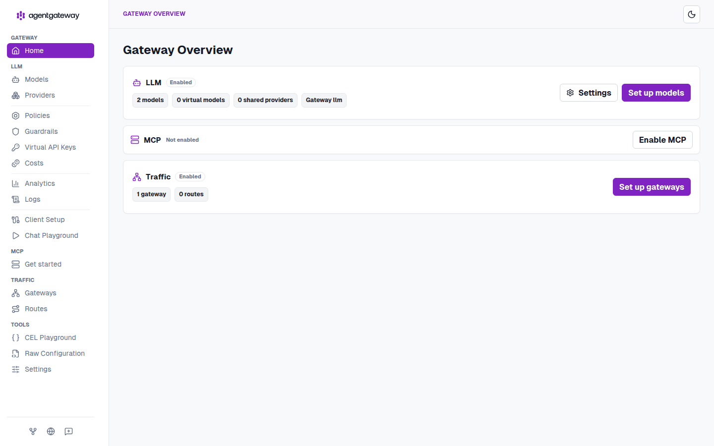 agentgateway admin UI Gateway Overview: LLM Enabled with 2 models, 0 virtual models, 0 shared providers, gateway llm; MCP not enabled; Traffic enabled with 1 gateway and 0 routes; Virtual API Keys and Costs in the LLM sidebar