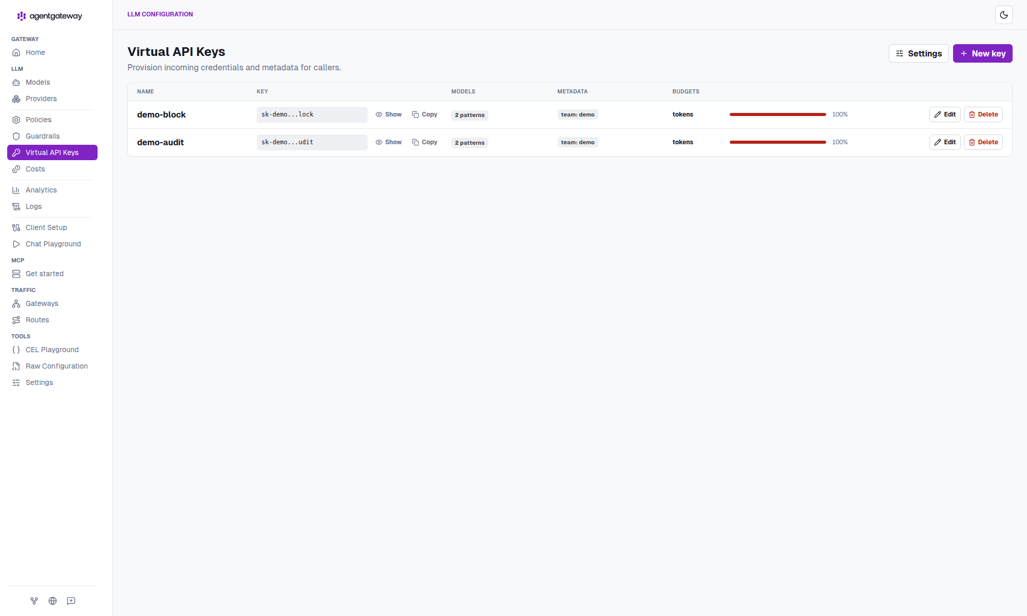 agentgateway Virtual API Keys page listing demo-block and demo-audit, each with a masked key, a ‘2 patterns’ models chip, a ’team: demo’ metadata chip, and a ’tokens’ budget meter filled fully red at 100%